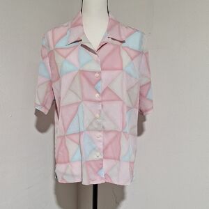 Allison Daley Colorful Geometric Collar Button-Up Short Sleeve Shirt 14 P
